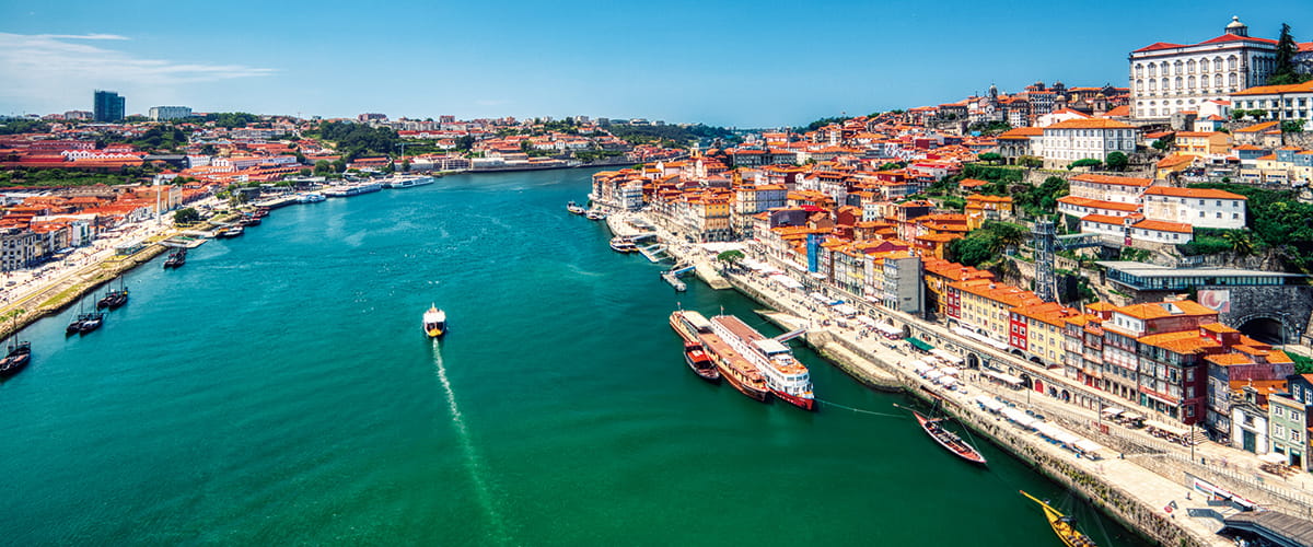A view from the bridge over the river in Oporto, Portugal